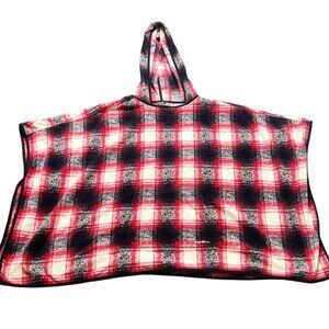 Eddie Bauer Poncho Top Womens Size M/L Petite Red White Black Plaid Hooded